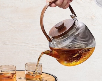 Glass Teapot with Dual Infusers, Wood Handle Stovetop Safe Tea Kettle for Loose Leaf