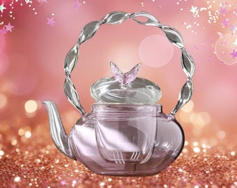 Pink Glass Teapot with Infuser, Handblown Butterfly Decor, Tea Party Centerpiece