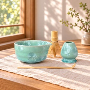 Handmade Green Floral Matcha Tea Set with Crystallized Celadon Glaze, Matcha Bowl, Whisk Kit, Japanese Ceramics for Tea Ceremony & Gift