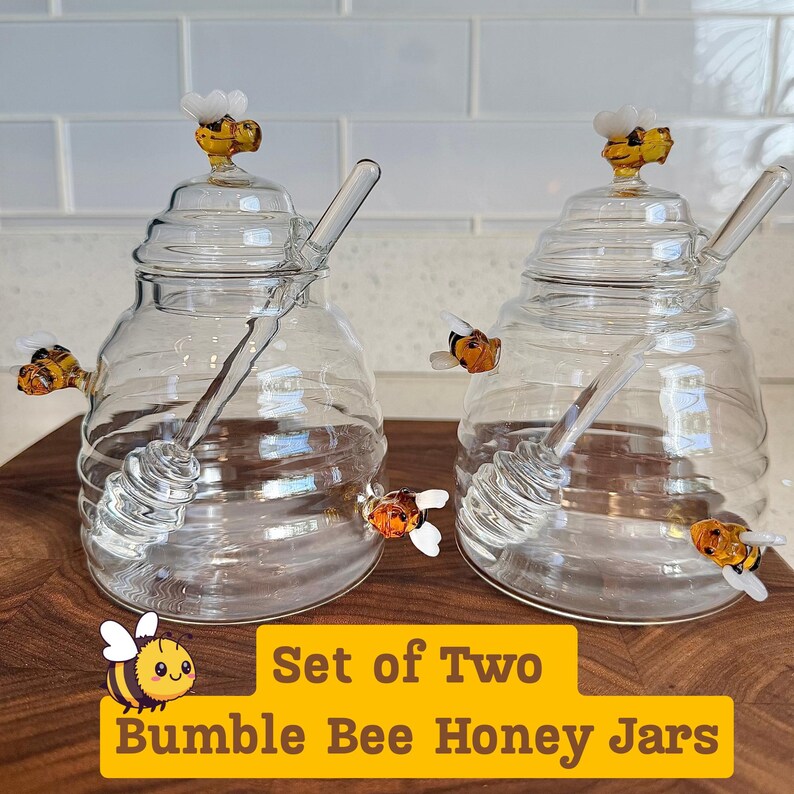 Glass Honey Jar with Dipper, Bee Honey Pot Gift for Tea Lover, Beekeeper, Hostess Bumble Bee - 2 Packs