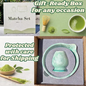 May include: A matcha set featuring a white box with line art, a bamboo whisk, a bowl of green tea, and a light green ceramic whisk holder and bowl nested in gray foam packaging. The box displays the text Matcha Set and Japanese characters.