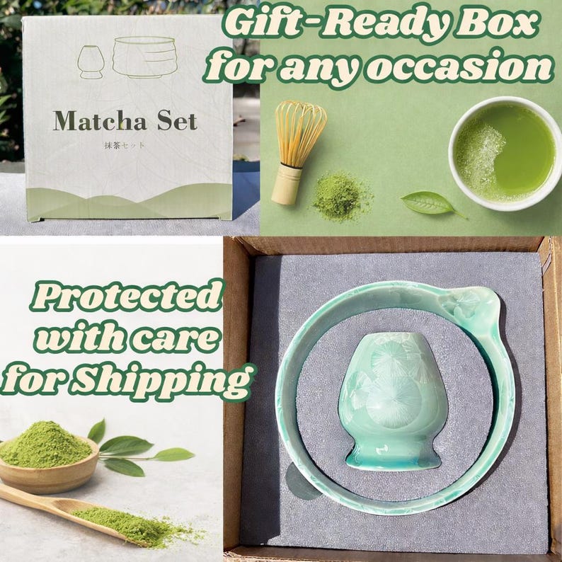 May include: A matcha set featuring a white box with line art, a bamboo whisk, a bowl of green tea, and a light green ceramic whisk holder and bowl nested in gray foam packaging. The box displays the text Matcha Set and Japanese characters.