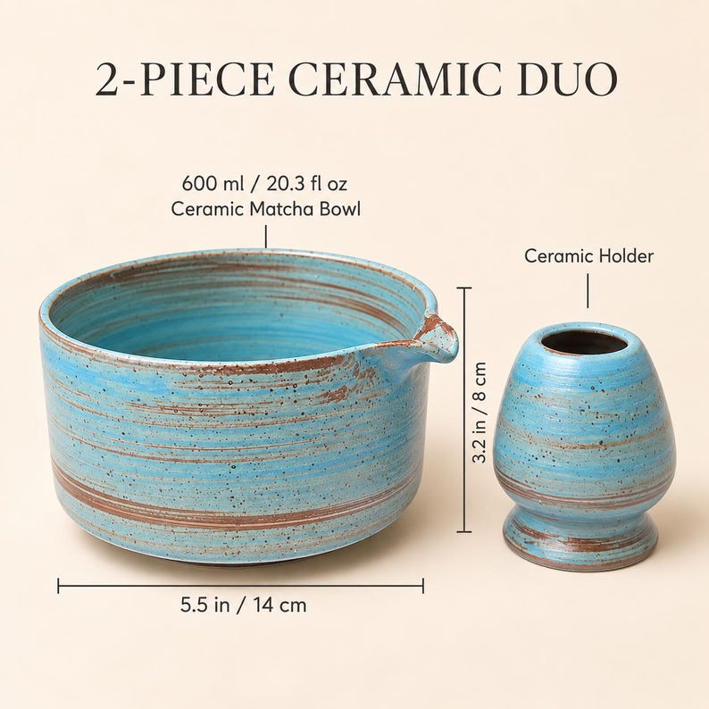 May include: A 2-piece ceramic duo featuring a 600 ml, 20.3 fl oz matcha bowl with a spout and a 3.2 inch tall ceramic holder. Both items have a blue glaze with brown horizontal streaks and speckles. The bowl is 5.5 inches in diameter.