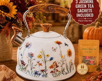 Chaleira de aço inoxidável com estampa de flores silvestres, perfeita para decoração de cozinha no estilo cottagecore e como presente de boas-vindas.