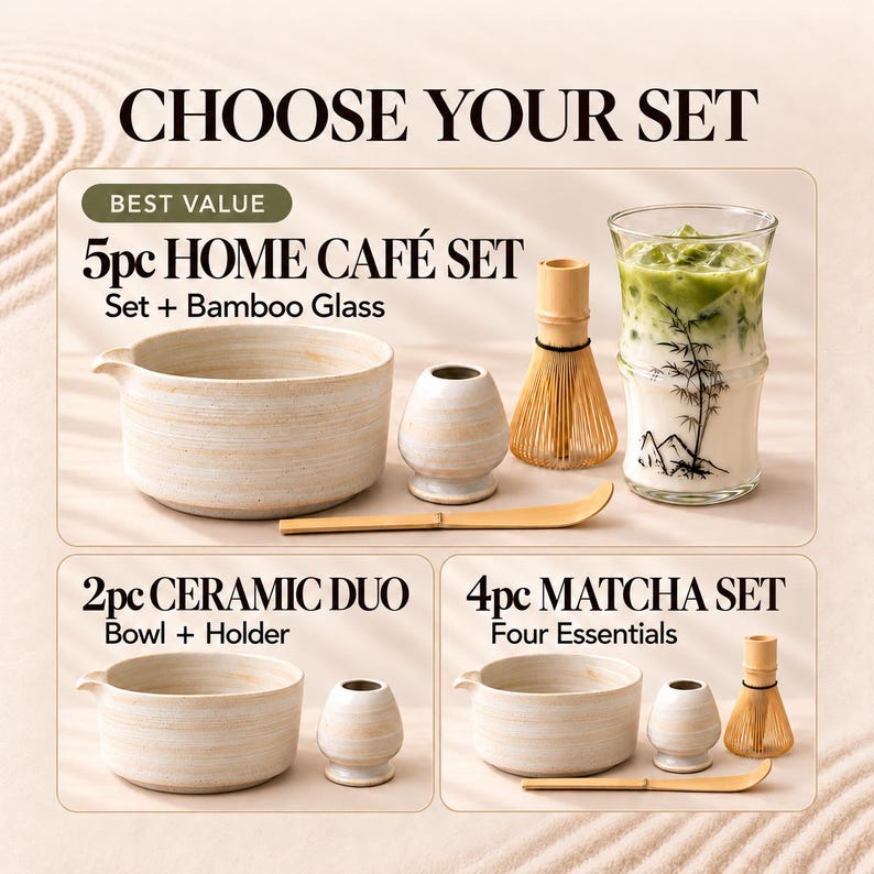 May include: A 5-piece matcha set featuring a beige ceramic bowl with a pouring spout, a matching whisk holder, a bamboo whisk, a bamboo scoop, and a glass cup with a black bamboo graphic containing a green matcha latte.