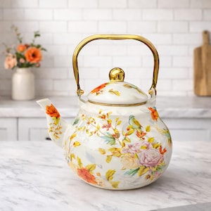 Tetera floral, tetera esmaltada vintage para estufa, decoración rústica estilo casa de campo