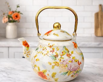 Tetera floral, tetera esmaltada vintage para estufa, decoración rústica estilo casa de campo