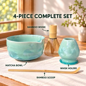 May include: A 4-piece complete matcha set featuring a light blue ceramic bowl, a light blue ceramic whisk holder, a bamboo whisk, and a bamboo scoop. The text 4-PIECE COMPLETE SET, BAMBOO WHISK, MATCHA BOWL, BAMBOO SCOOP, and WHISK HOLDER are visible.