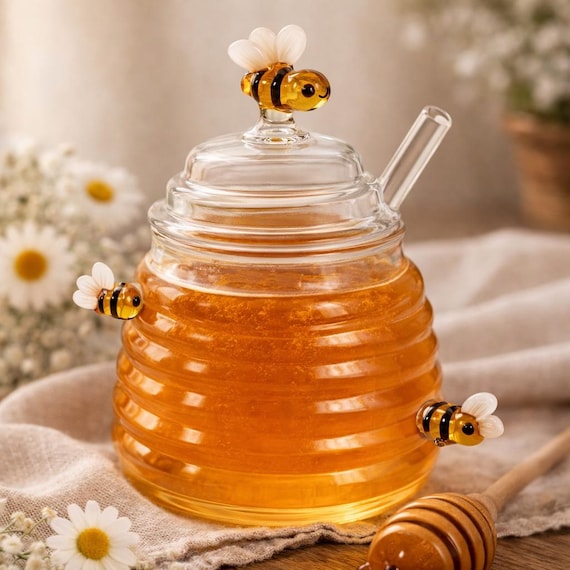 Glass Honey Jar with Dipper, Bee Honey Pot Gift for Tea Lover, Beekeeper, Hostess