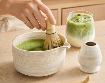 Handmade Wabi Sabi Ceramic Matcha Tea Set, Spouted Bowl with Bamboo Whisk Kit