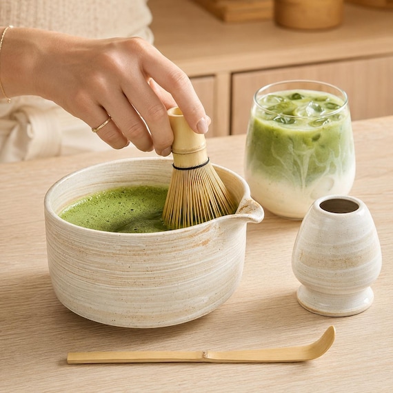Handmade Wabi Sabi Ceramic Matcha Tea Set, Spouted Bowl with Bamboo Whisk Kit