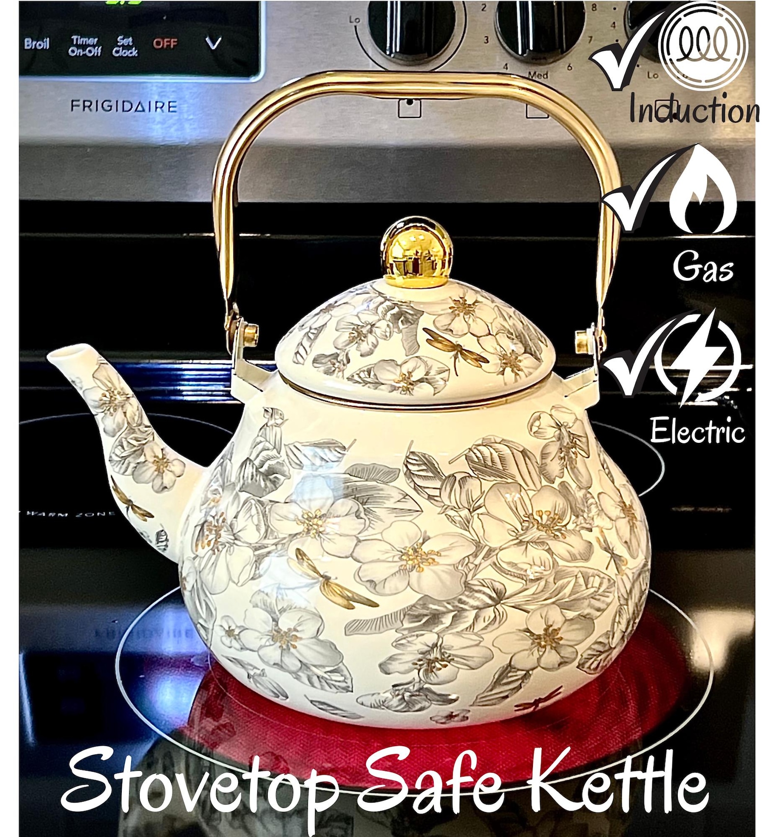 Floral Tea Kettle: Dragonfly Stovetop Enamel Teapot, Modern Farmhouse Decor