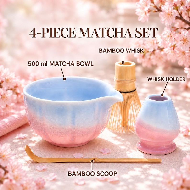May include: A 4-piece matcha set featuring a 500 ml light blue and pink gradient ceramic bowl with a pouring spout, a bamboo whisk, a matching ceramic whisk holder, and a bamboo scoop. The items are arranged together for tea preparation.