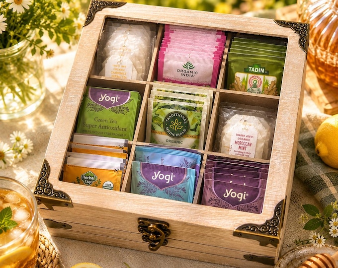Vintage Wooden Tea Bag Organizer: French Countryside Farmhouse Decor