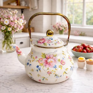 Vintage Floral Enamel Tea Kettle: Cottagecore Farmhouse Decor