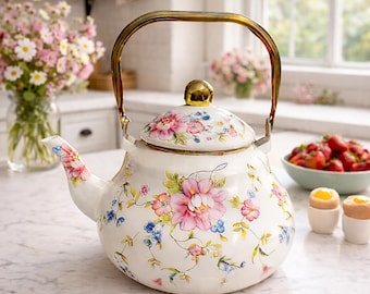 Tetera vintage de esmalte floral: decoración rústica estilo cottagecore