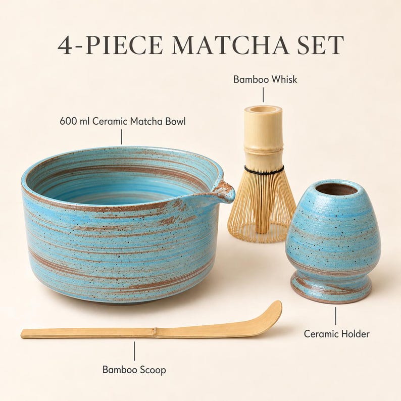 May include: A 4-piece matcha set featuring a 600 ml ceramic matcha bowl with blue and brown horizontal stripes, a bamboo whisk, a bamboo scoop, and a blue and brown ceramic holder. The text 4-PIECE MATCHA SET is displayed at the top.