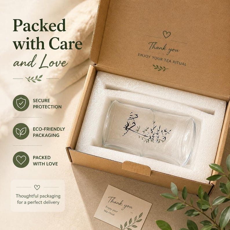 May include: A clear glass cup with a black bamboo illustration inside a brown cardboard box with white foam padding. The box lid features the text Packed with Care and Love, Thank you ENJOY YOUR TEA RITUAL, and a small card with Thank you Enjoy your tea ritual.