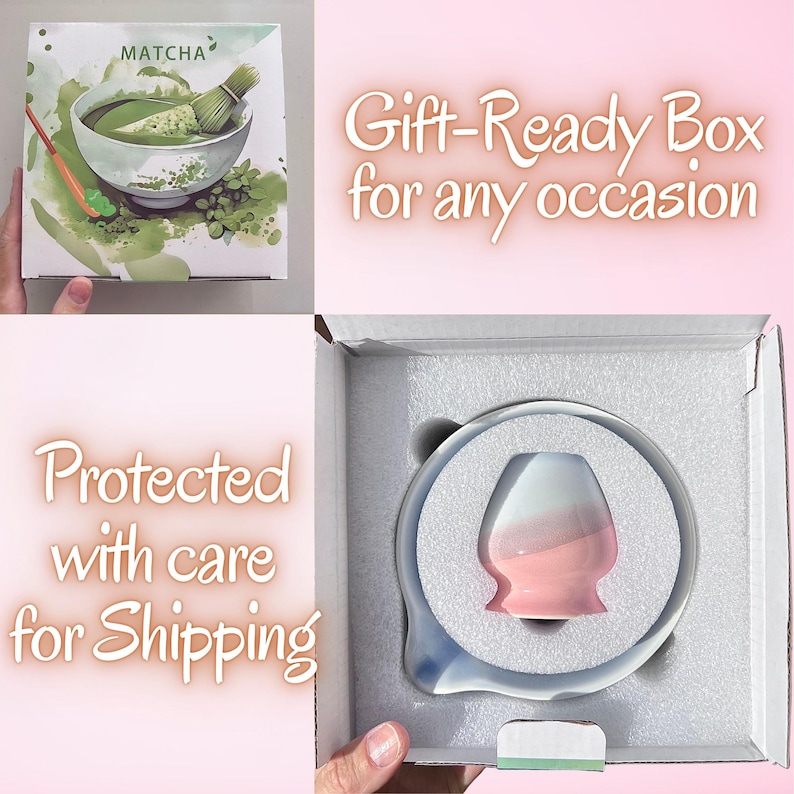 May include: A white cardboard box featuring a green matcha tea illustration and the text MATCHA. Inside, a white foam insert holds a small, two-toned ceramic whisk holder that transitions from white at the top to a soft pink at the base.