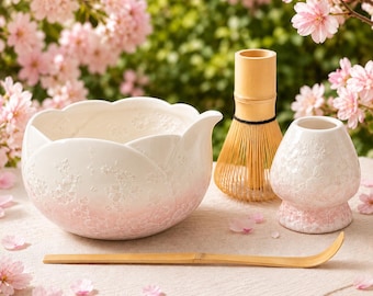 Handmade Cherry Blossom Matcha Set, Sakura Pink Flower Ceramic Bowl with Spout