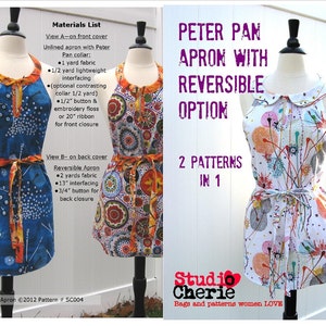 May include: Two Peter Pan aprons with reversible options. The apron on the left is blue with a white and orange floral pattern. The apron on the right is white with a colorful floral pattern. Both aprons have a Peter Pan collar and a tie at the waist. The text "PETER PAN APRON WITH REVERSIBLE OPTION" is in purple text. The text "2 PATTERNS IN 1" is in black text. The text "Studio Cherie" is in red text. The text "Bags and patterns women LOVE" is in black text.