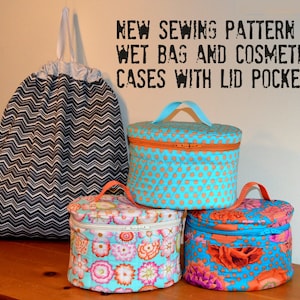 May include: New sewing pattern for a wet bag and cosmetic cases with lid pockets. The wet bag is black and white chevron, and the cosmetic cases are turquoise with different floral patterns.