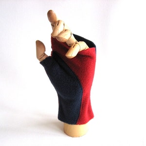 Pair of Colorblocked fleece Fingerless Mitts in red and navy Ready to ship image 1