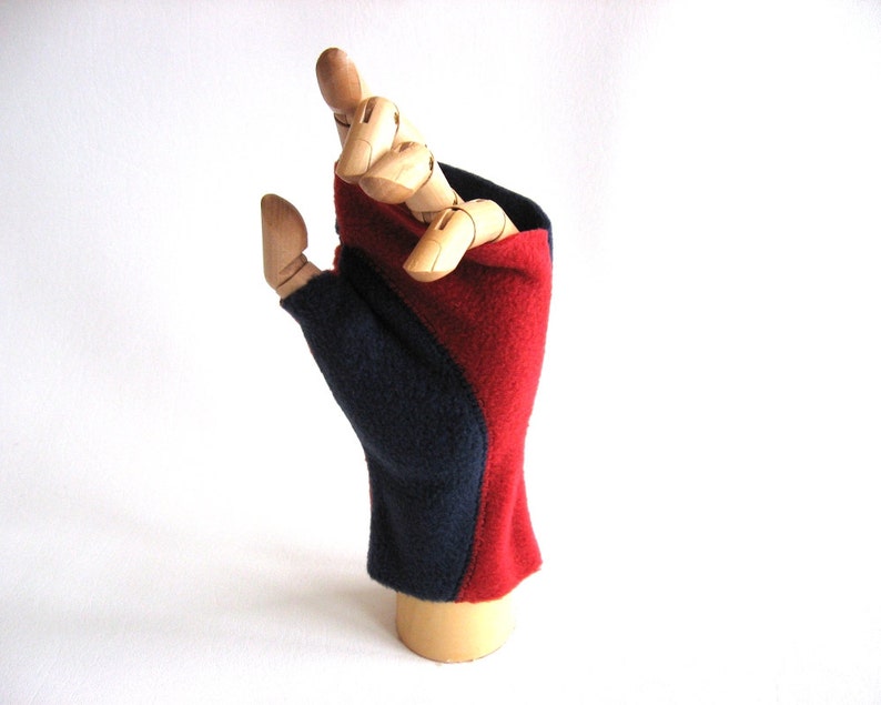 Pair of Colorblocked fleece Fingerless Mitts in red and navy Ready to ship image 1