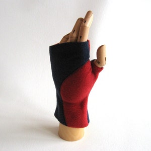 Pair of Colorblocked fleece Fingerless Mitts in red and navy Ready to ship image 2