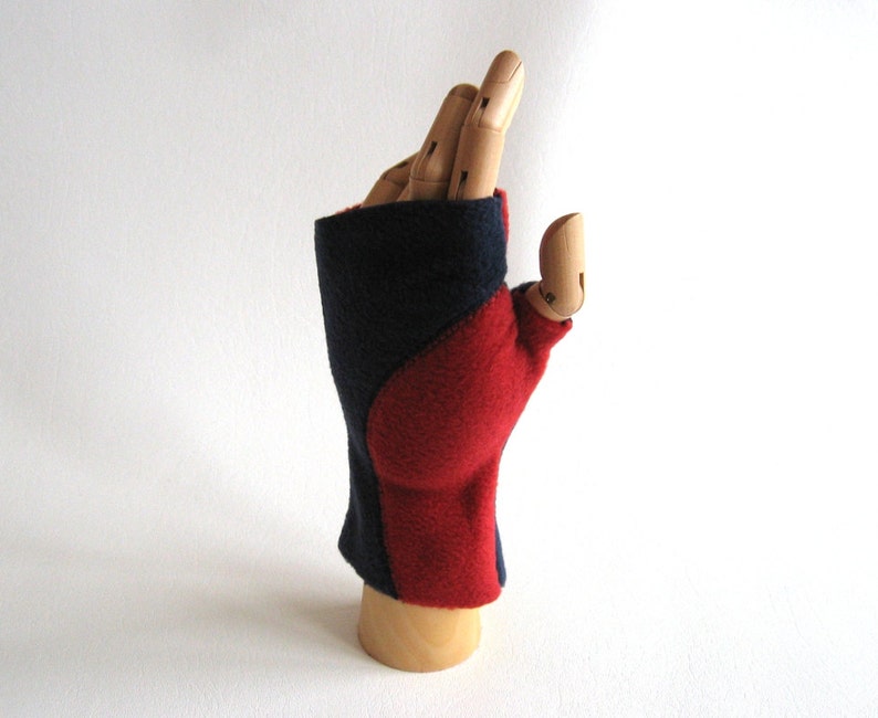 Pair of Colorblocked fleece Fingerless Mitts in red and navy Ready to ship image 2