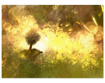 Pode incluir: Uma pintura digital de uma árvore com uma estrutura em forma de teia em um campo de amarelo e verde. O fundo é um desfoque de amarelo e marrom com alguns círculos brancos.