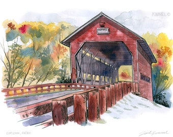 Painting of Coaticook covered bridge, Point Rouge, Cantons de l'Est, Eastern Townships - Giclée Print by Joel Kimmel