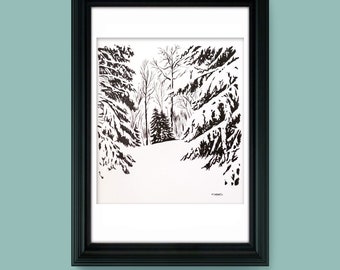 Snowscape - 11" x 14" Original pen & ink illustration by Joel Kimmel | Forest Landscape |