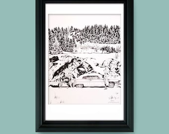 Ginny - 11" x 14" Original pen & ink illustration by Joel Kimmel | Winter Landscape |