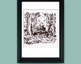 Under the Dappled Light - 11" x 14" Original pen & ink illustration by Joel Kimmel | Forest Landscape |