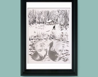 The Hour of the Pearl - 11" x 14" Original pen & ink illustration by Joel Kimmel | Winter Landscape |