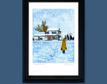 Midnight Bus - Giclée print of the illustration by Joel Kimmel | Winter Painting | Coral |