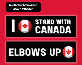Könnte beinhalten: Zwei schwarz-weiße Stoßfängeraufkleber mit der kanadischen Flagge. Der obere Aufkleber lautet "I Stand With Canada" und der untere Aufkleber lautet "Elbows Up".