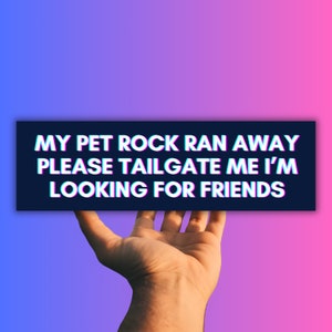 My Pet Rock Ran Away Looking For Friends | Funny Unhinged Gen Z Meme Bumper Sticker & Magnet, Silly Random Tiktok Vinyl Car Decal | Gag Gift
