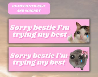 Tut mir leid, Bestie, ich versuche mein Bestes, lustiger Autoaufkleber, Magnet, Trauriger Katzenhamster, Genz-Autovinylaufkleber, rosa Autozubehör, neuer Fahrer Geschenk