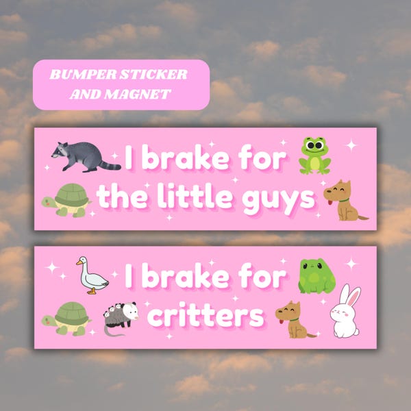 I Brake For Cute Magnetic Car Bumper Sticker, Animal Critter Lover Decal, Quality Weatherproof Vinyl Sticker Gift for her Pink Car Accessory