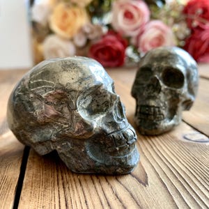 Handcarved Pyrite Skull Carving, Crystal Skull Sculptures Home Decor, Quartz Skull Decor, Healing Crystals Gift