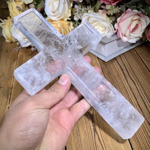 AAAA+ 7.5&quot; Large Natural Crystal Cross Carving, Clear Quartz Handcrafted Cross Sculpture, Healing Chakra Crystals Home Decor.