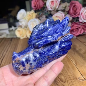 Rare! 4" Handcrafted Sodalite Dragon Skull Carving, Blue Gemstone Figurine, Natural Crystal  Home Decor, Healing Crystals Gifts.Random 1PC