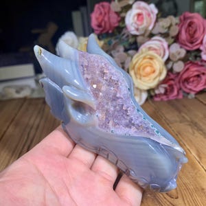Gorgeous! 5&quot; Large Amethyst Geode Agate Dragon Skull Carving, Hand Carved Druzy Crystal Skull Figurine, Home Decor, Healing Crystals Gifts.