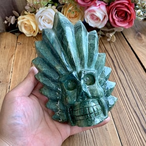 Raro!! Grande crânio esculpido em jaspe natural oceânico de 18 cm, esculturas de crânio de cristal esculpidas à mão, decoração para casa, presente com cristais curativos. FC39