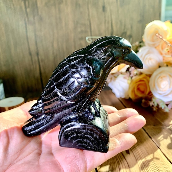 3.8" Natural Obsidian Ravens Figurine, Hand Carved Crystal Crow Sculptures for Desk Decor, Healing Crystals Bird Gifts.