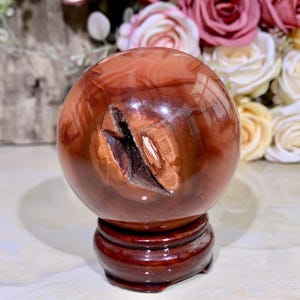 Rare!! 3.2&quot;Natural Red Agate Carnelian Sphere, Crystal Sphere Decor, Red Gemstone Ball Home Decor, Healing Crystal Ornament.