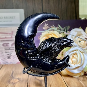 Figurine lune en obsidienne de 6,3 po., sculptures de corbeau en cristal sculpté à la main pour décoration de bureau, cadeaux d&#39;oiseaux en cristaux de guérison.