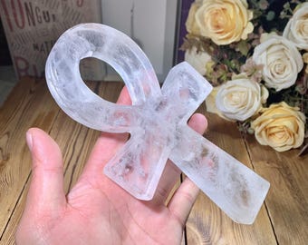 7.5" Large Natural Crystal Ankh Carving With Rainbow, Handcrafted Clear Quartz Cross Carving, Healing Chakra Crystals Home Decor.Random
